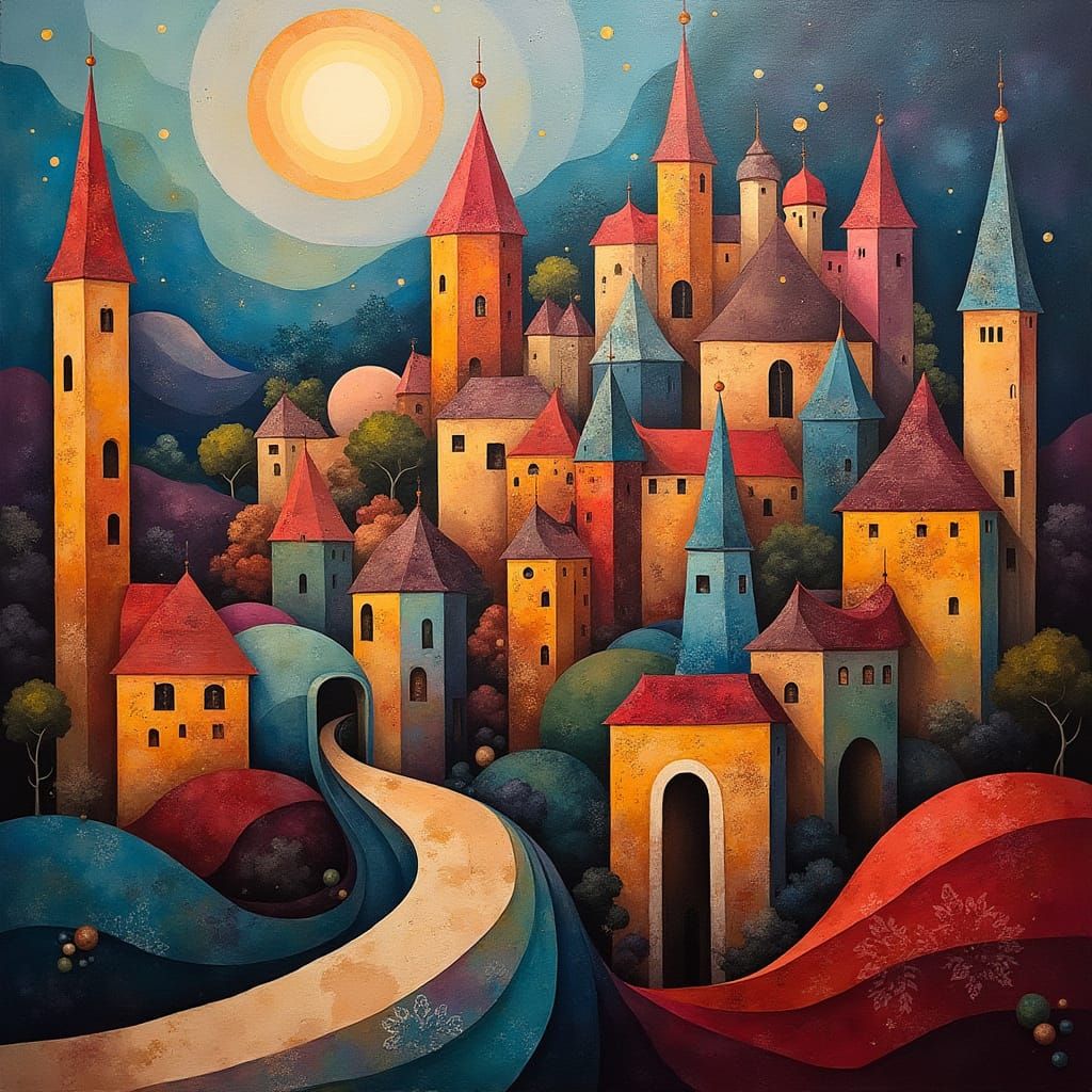 Vibrant Abstract Medieval Scene in Geometric Style