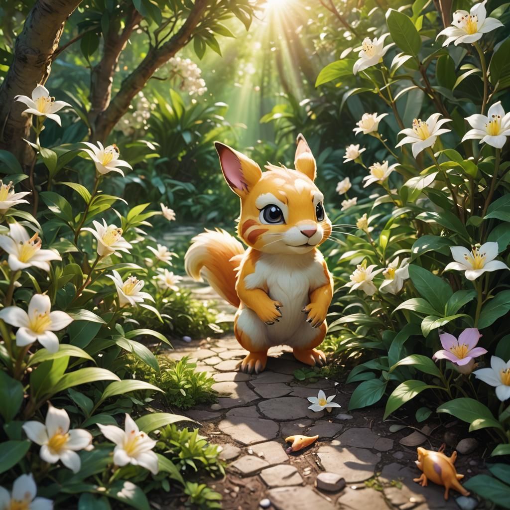 Digital Art of a Digimon Discovering a Chipmunk Amidst Jasmi...