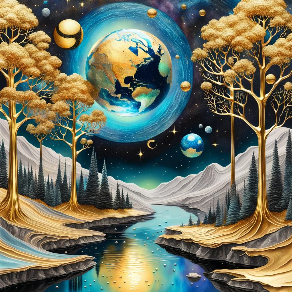 Surrealistic Celestial Landscape with Gold Foil and Glass Be...