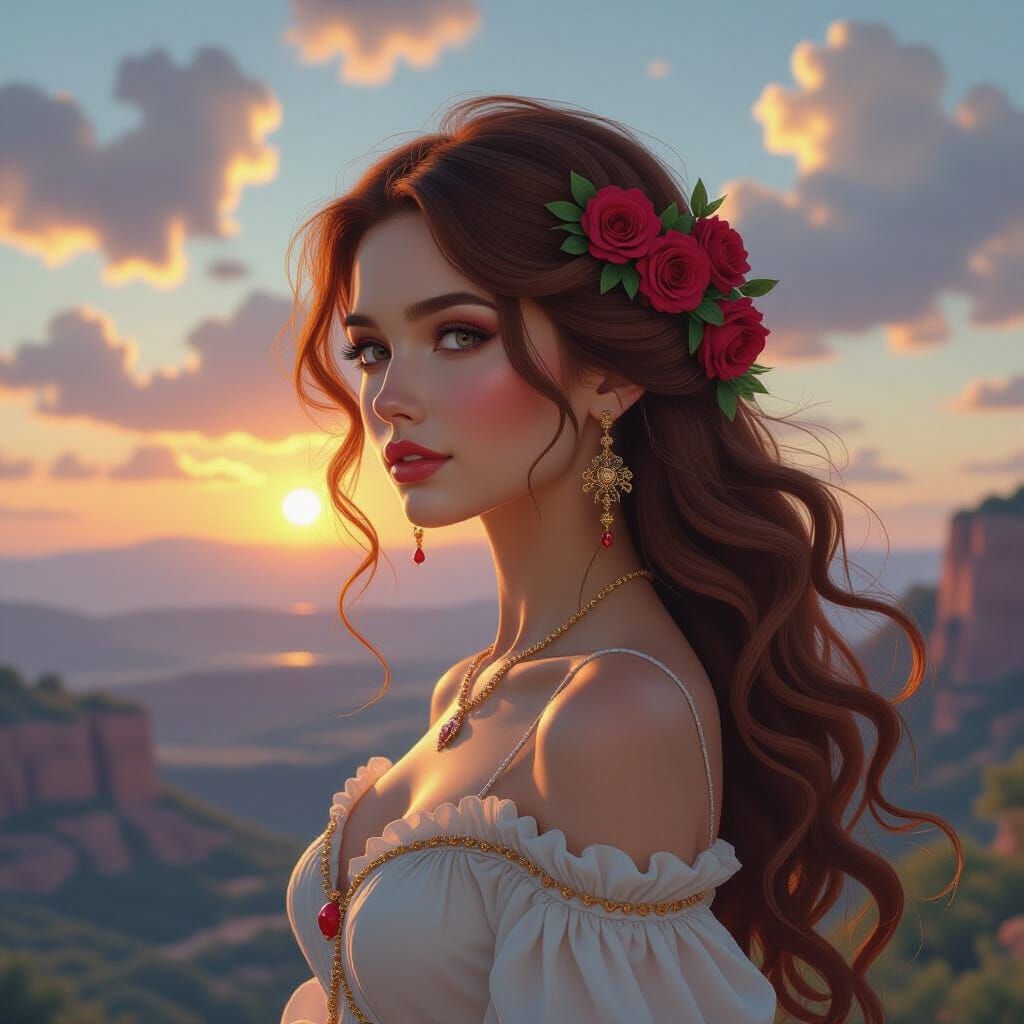 Surreal Portrait of Woman with Flowers and Pomegranates