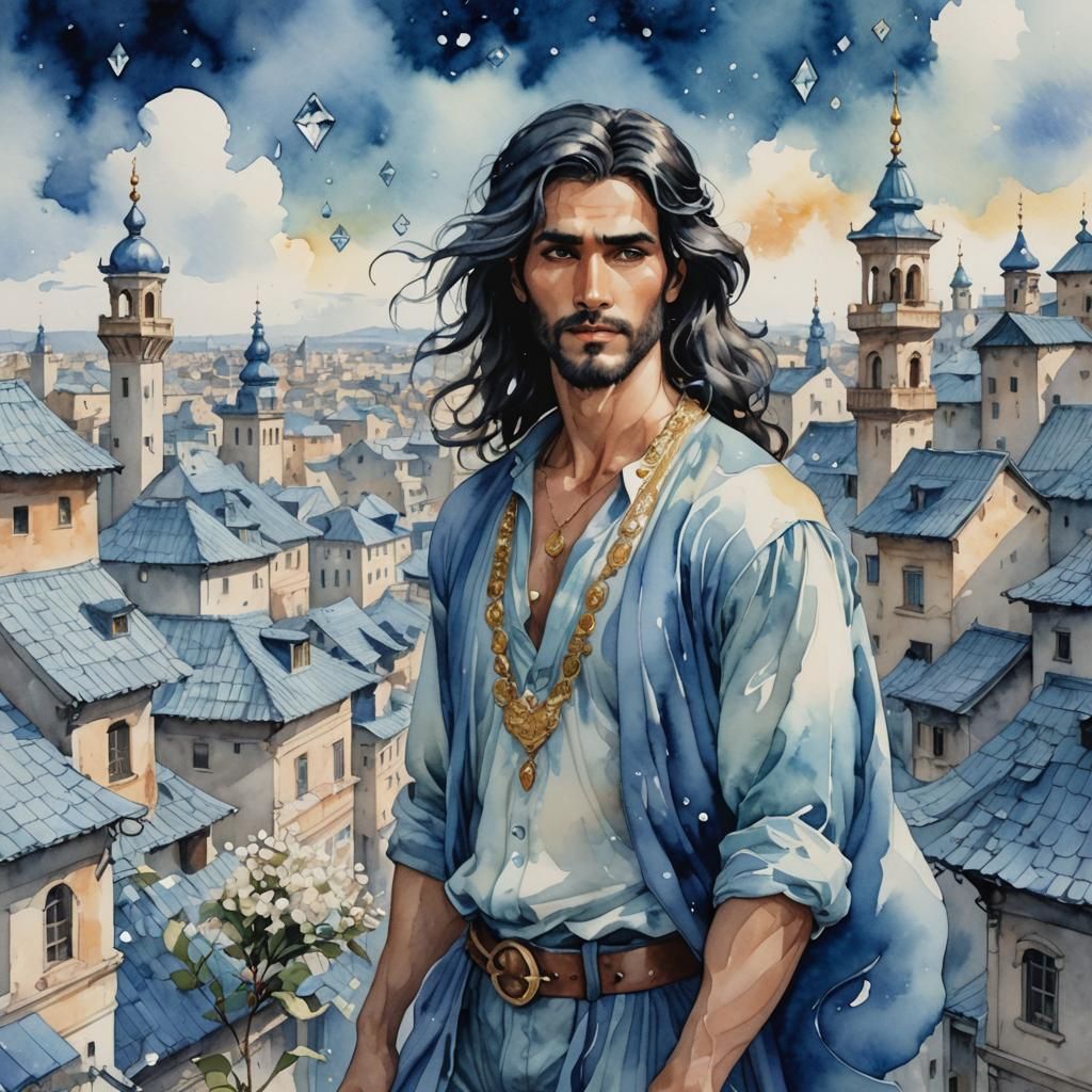 Genie in Gem Whirlwind: Watercolor Fantasy