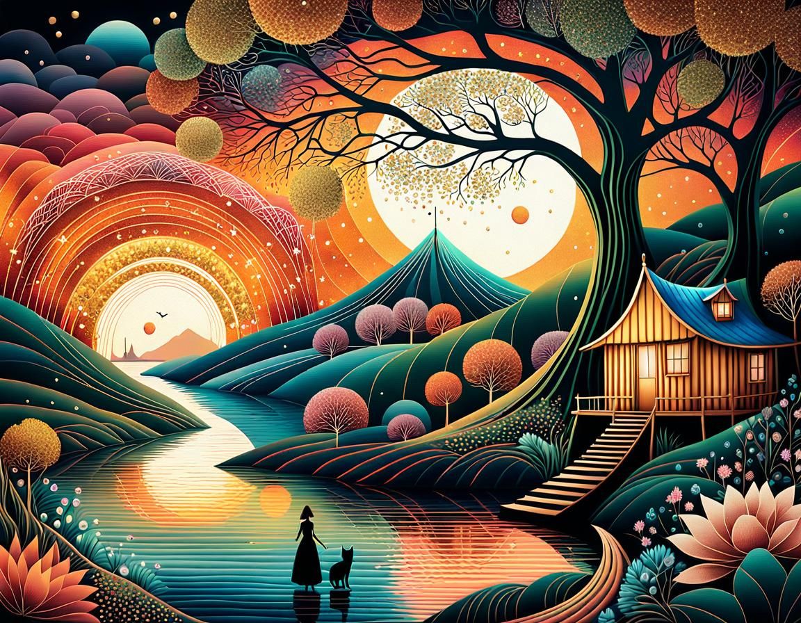 Dreamlike Art Brut Sunset with Woman and Cat