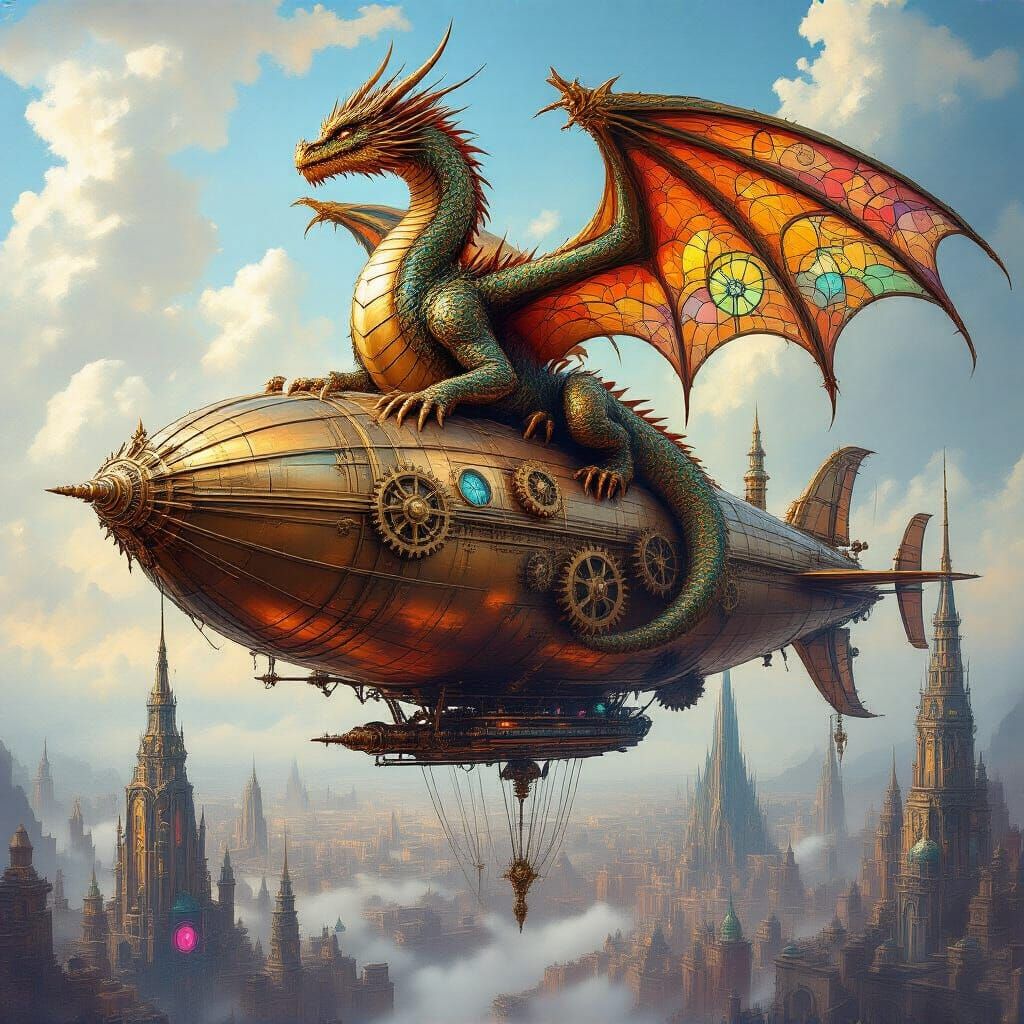 Brass Dragon on Airship Above Futuristic City