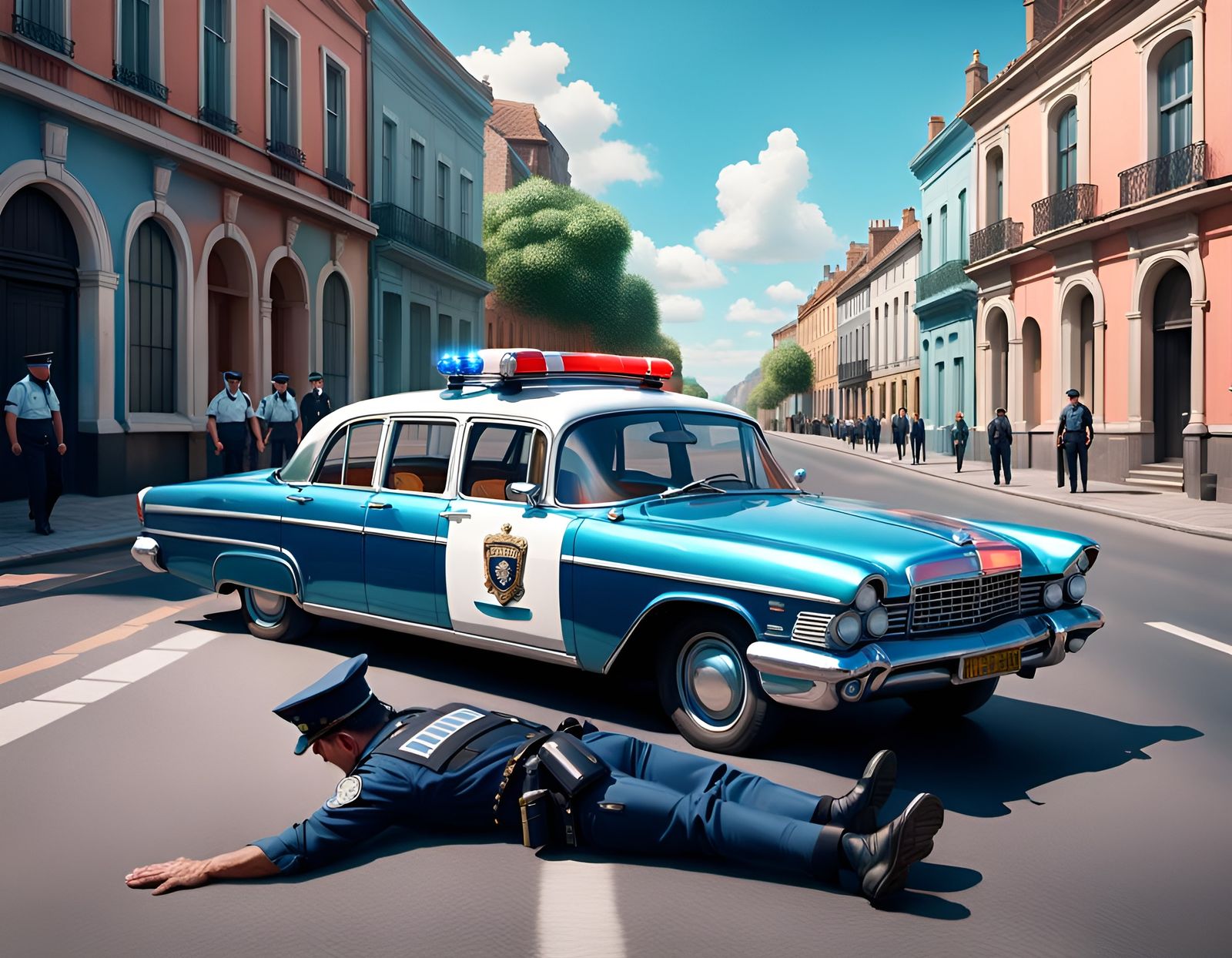 a classic car from the past turned upside down on a road with a police man walking up to the car from a distance, intric...