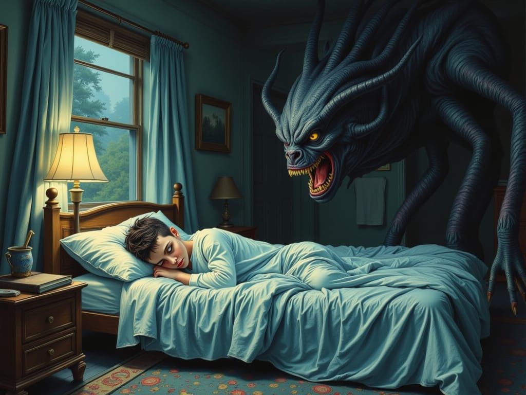 Boy Hiding From Monster: Hyperrealistic Alcohol Ink Painting