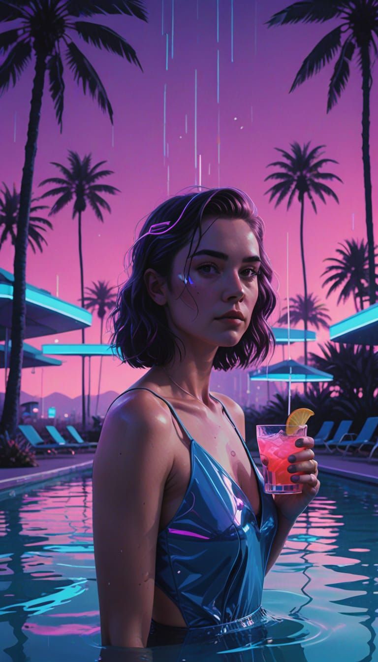 Woman in Retro-Futuristic Swimming Pool Scene