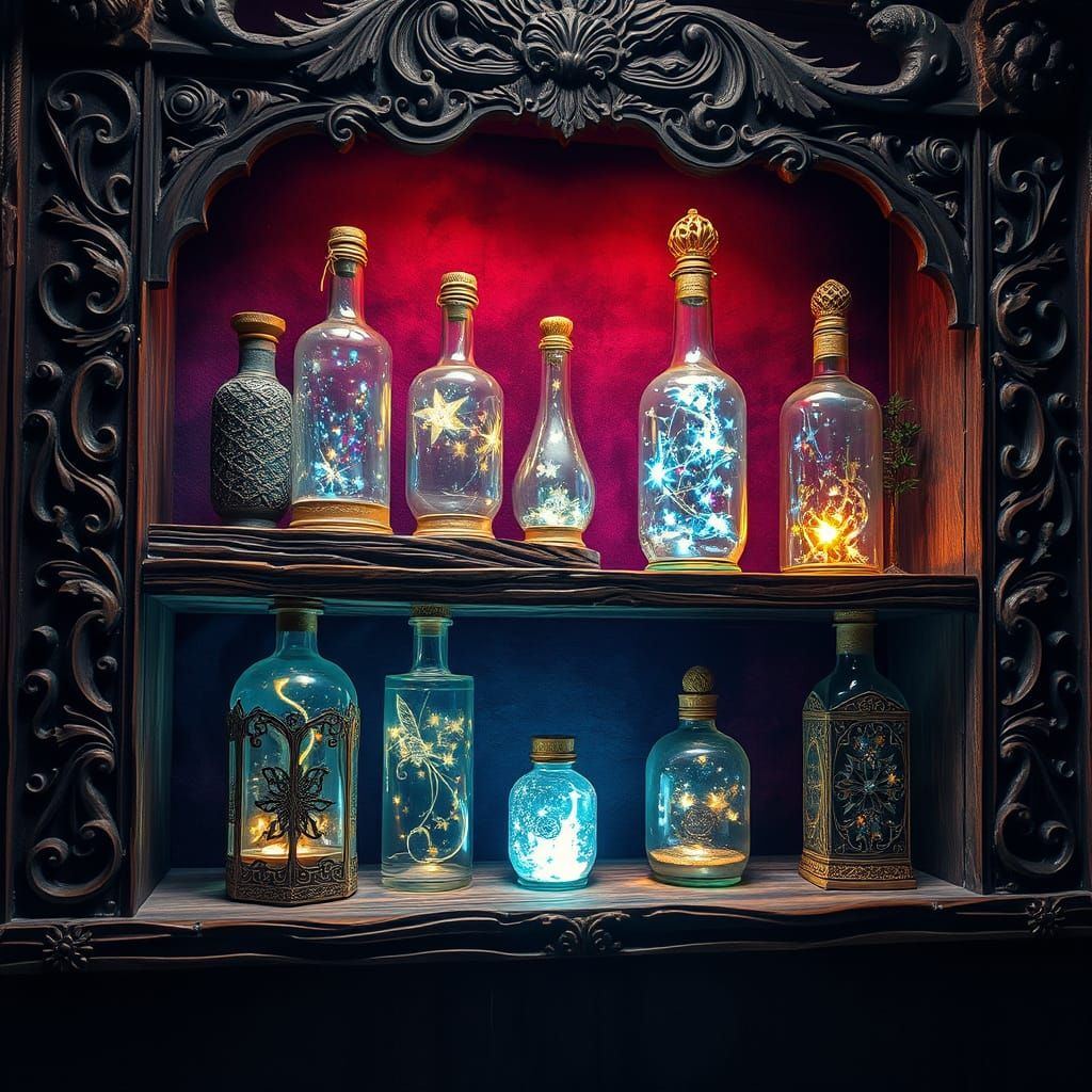 Ethereal Cosmic Bottles Adorn a Mystical Shelf