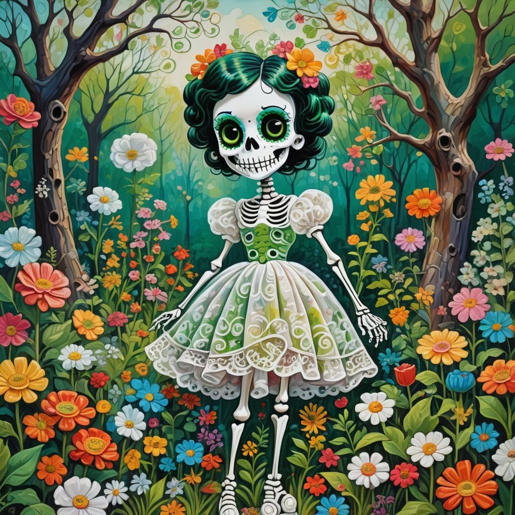 Betty Boop Skeleton in a Candyland Garden