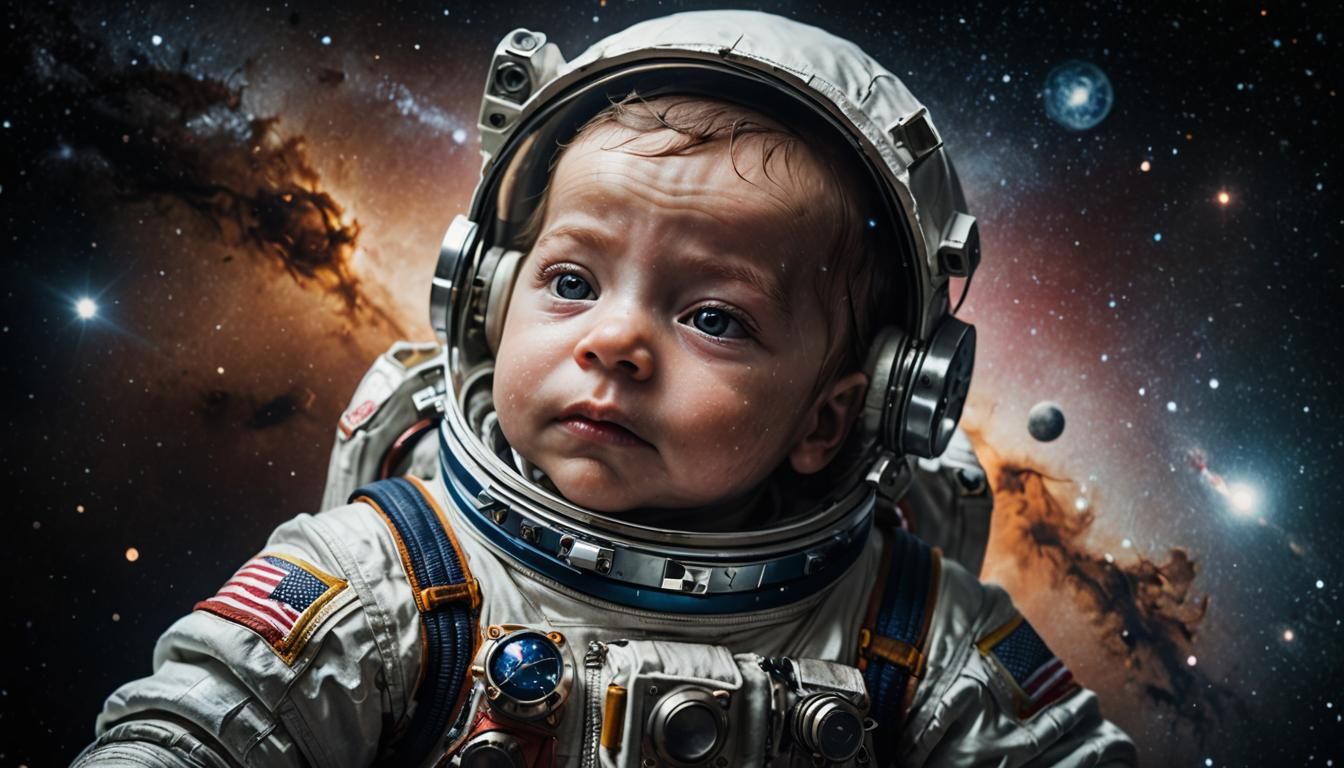 Newborn Astronaut Floats in Space: Hyperrealistic Portrait