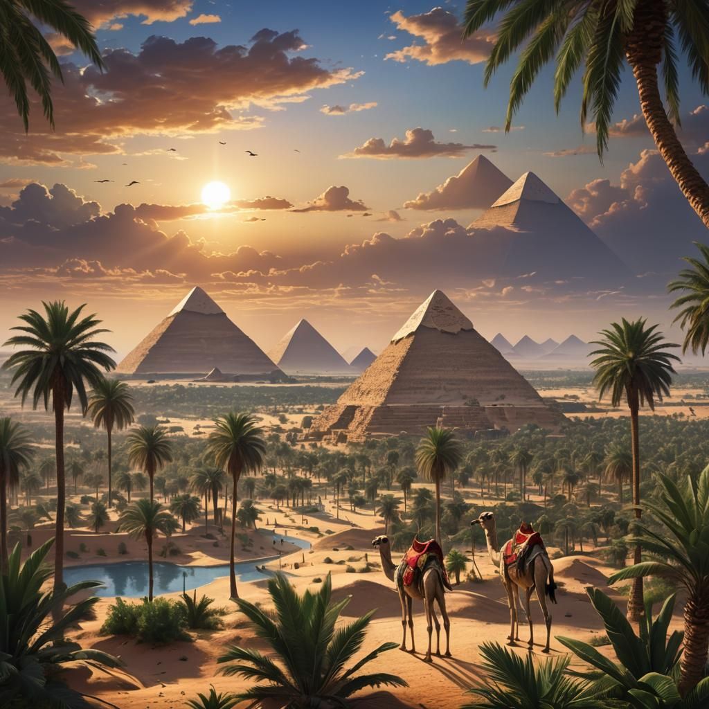 Hyperrealistic Oasis Scene with Pyramids of Giza