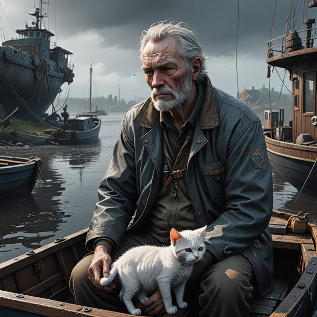 Weathered Fisherman Tenderly Holds Shivering Kitten in Woode...
