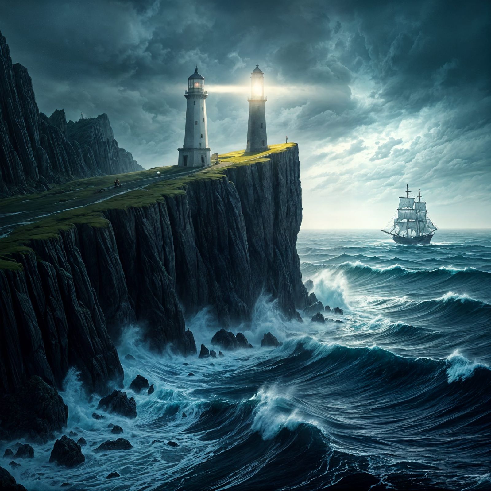 Lighthouse Guiding Ship Through Stormy Seas