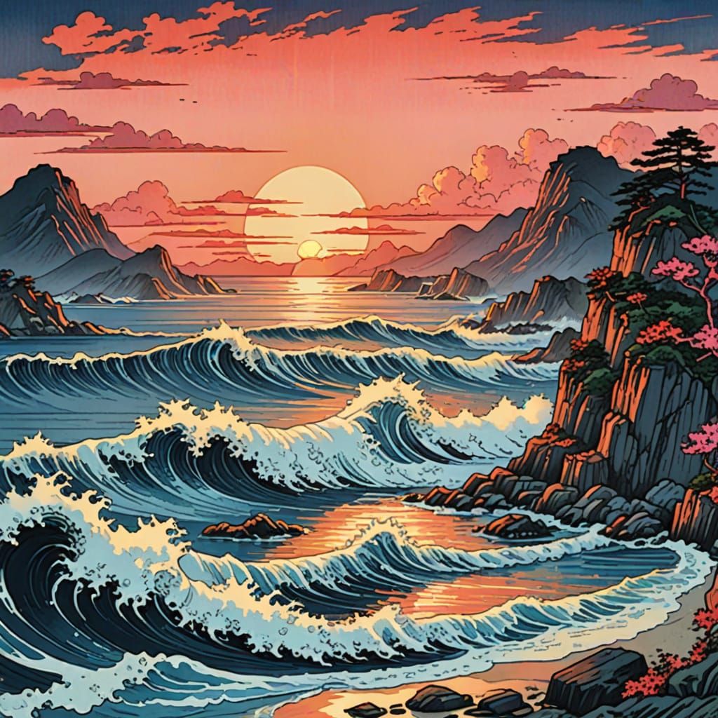Vibrant Coastal Sunset in Traditional Ukiyo-e Style