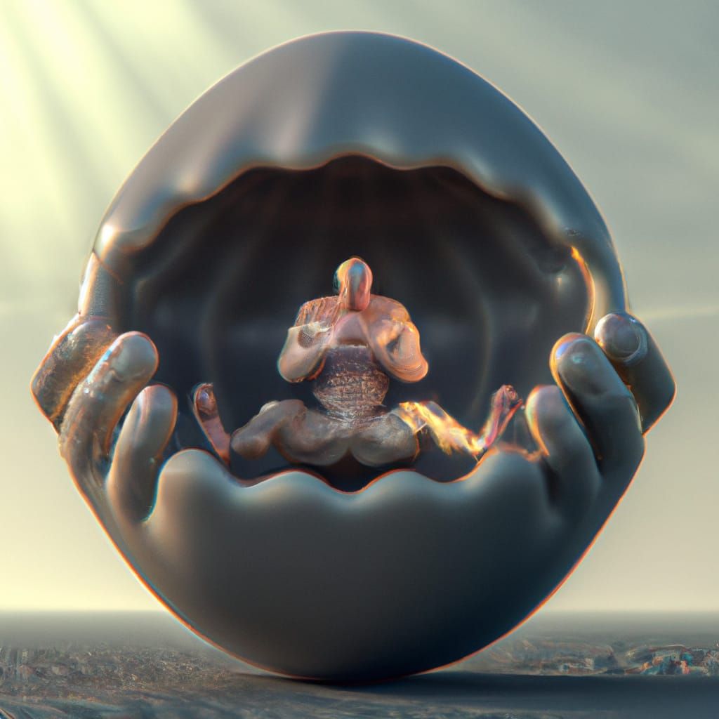 Hyperrealistic Man in Egg Between Heaven and Earth