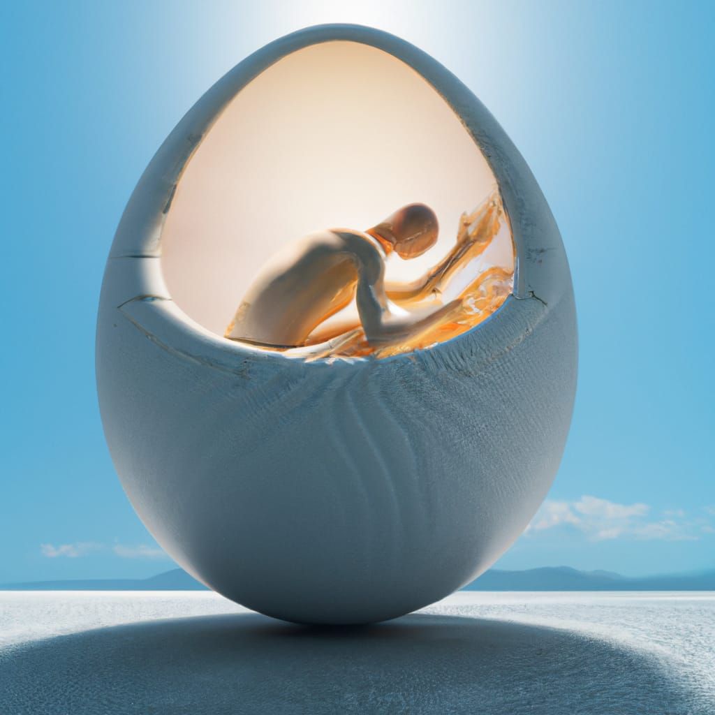 Hyperrealistic Man Encased in Egg Between Worlds