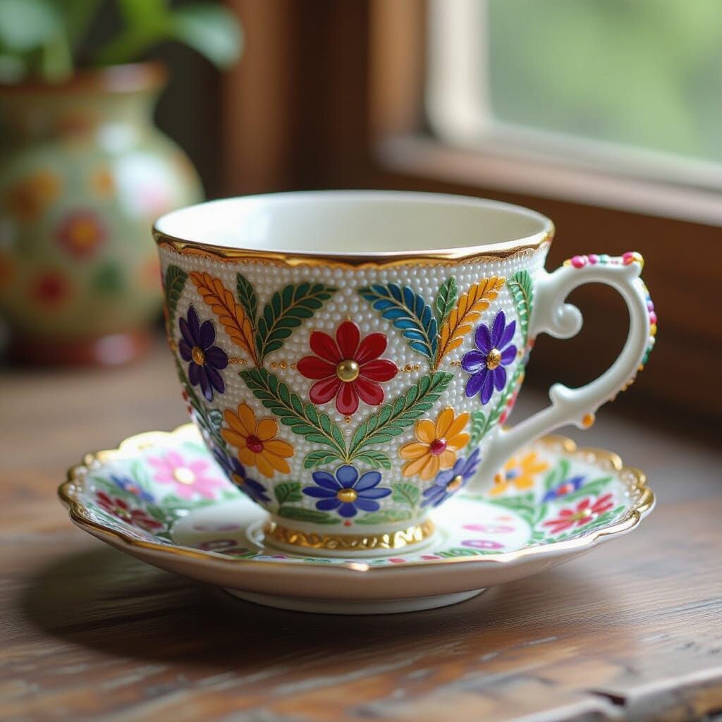 Beaded Tea Cup in Art Nouveau Style