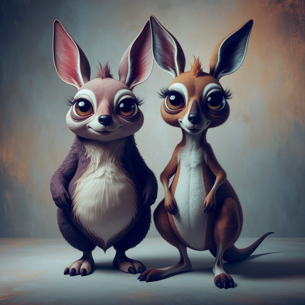 Surreal Whimsical Painting of an Osterhase and Kangaroo