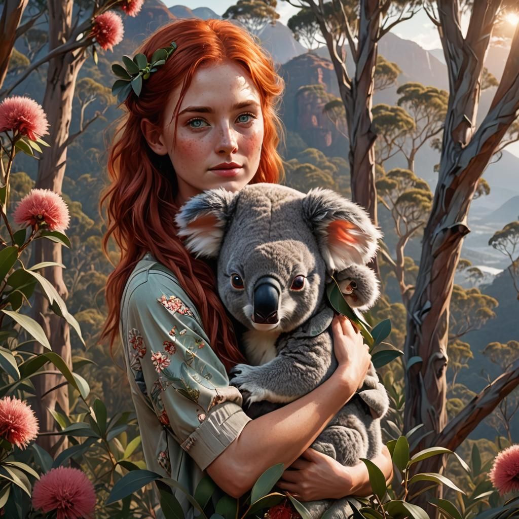 Girl with Koala in Australian Bush, Matte Painting