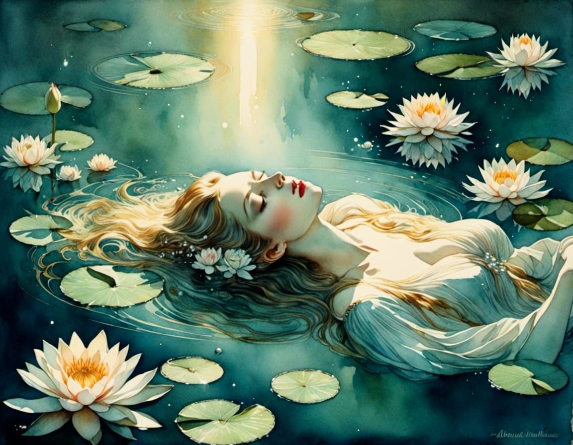 Ethereal Water Nymph Portrait in Watercolor Style