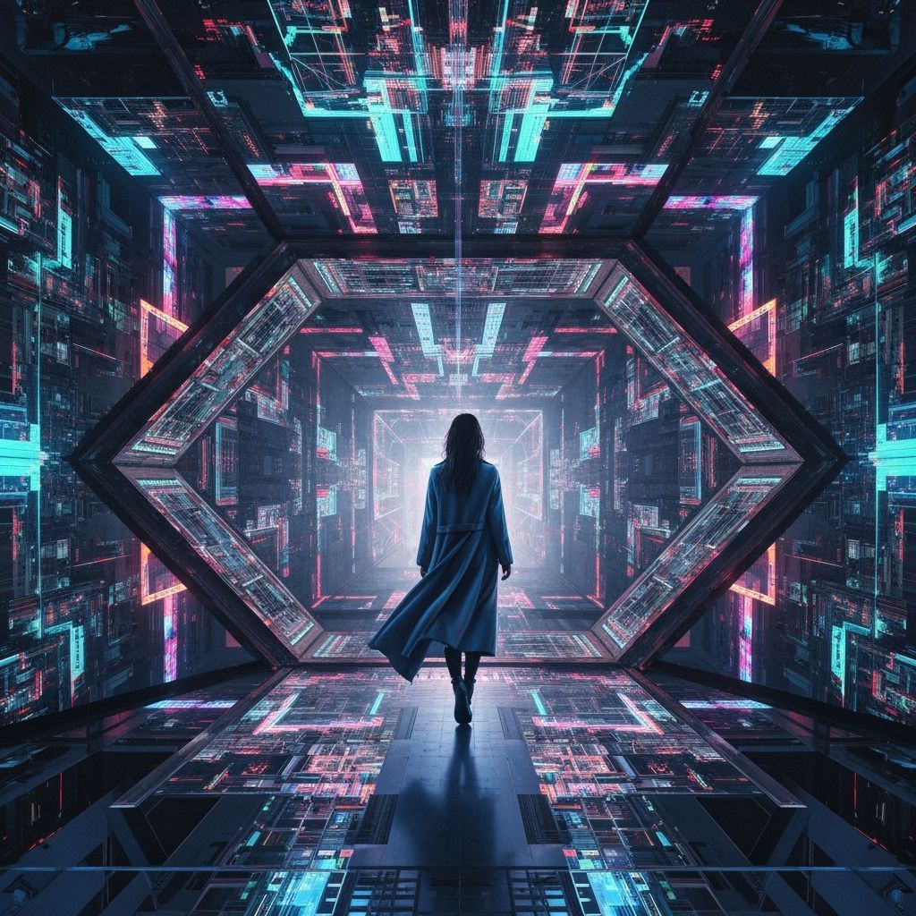 Futuristic Cityscape with Geometric Patterns in Neon Light