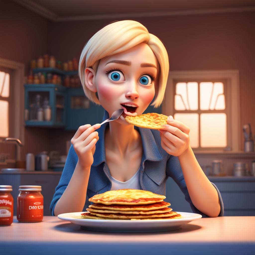 Blond Woman Eating Pancake in 3D Digital Art