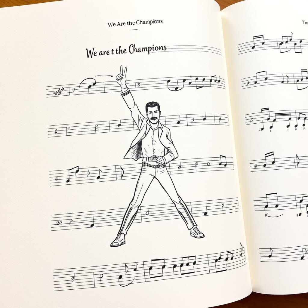 Freddie Mercury Triumphant Amidst Musical Notes