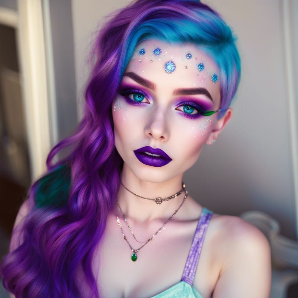 Ethereal young lady with purple Galaxy hair with blue highli...