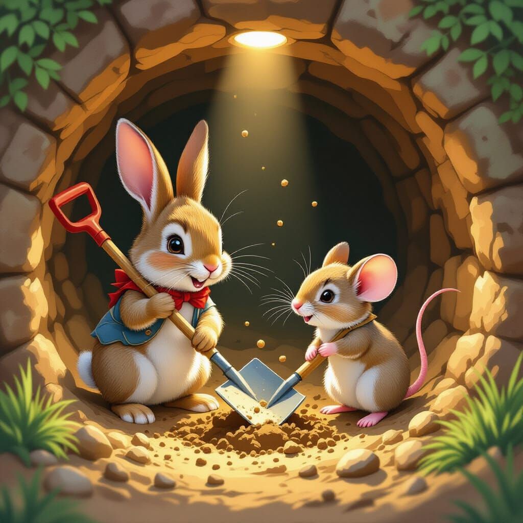 Rabbit and Mouse Dig Tunnel Home in Storybook Style