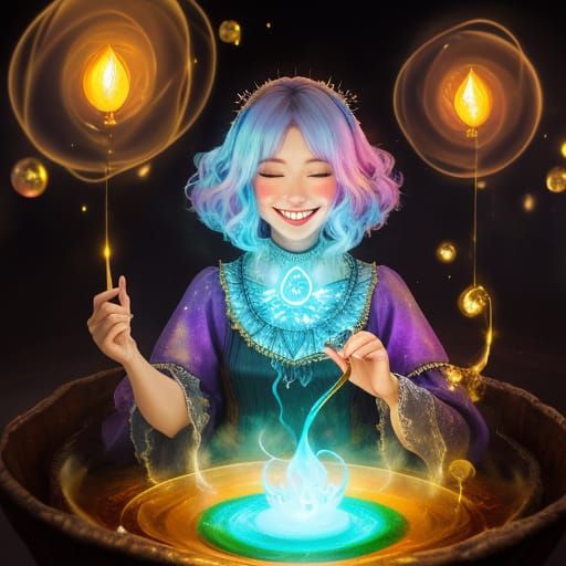 Smiling Witch in Magical Village, Vibrant Abstract Art