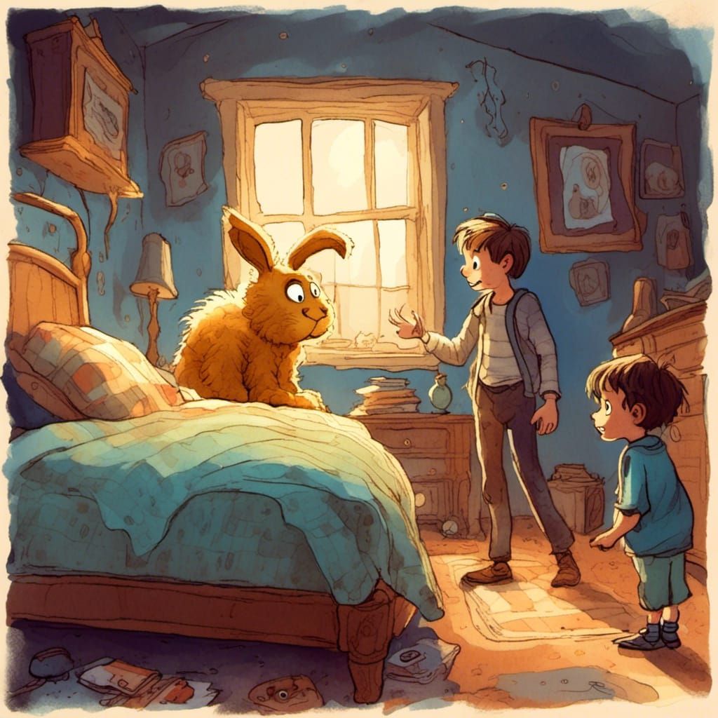 <lora:SybilThorn-LORA3:1.0> a little boy making friends with the monster under his bed