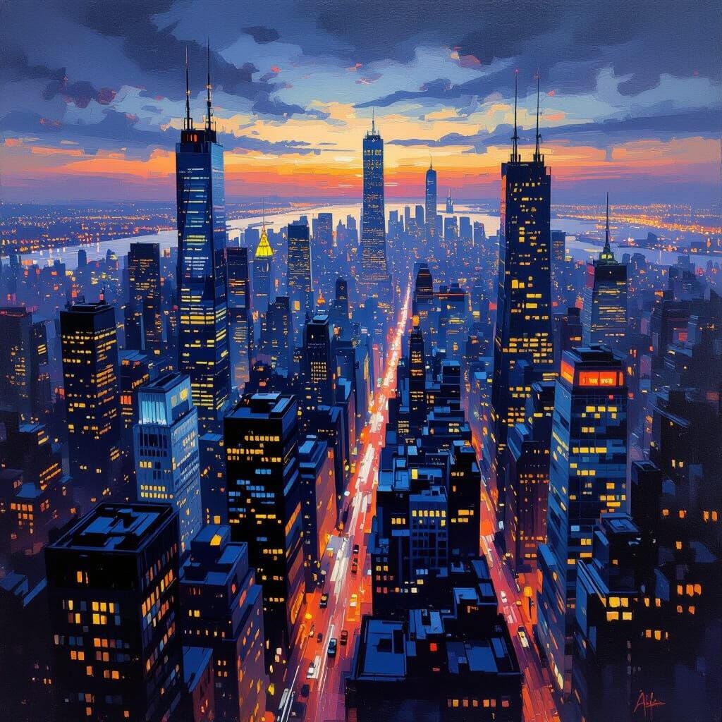 Aerial Oil Painting of Cityscape at Twilight