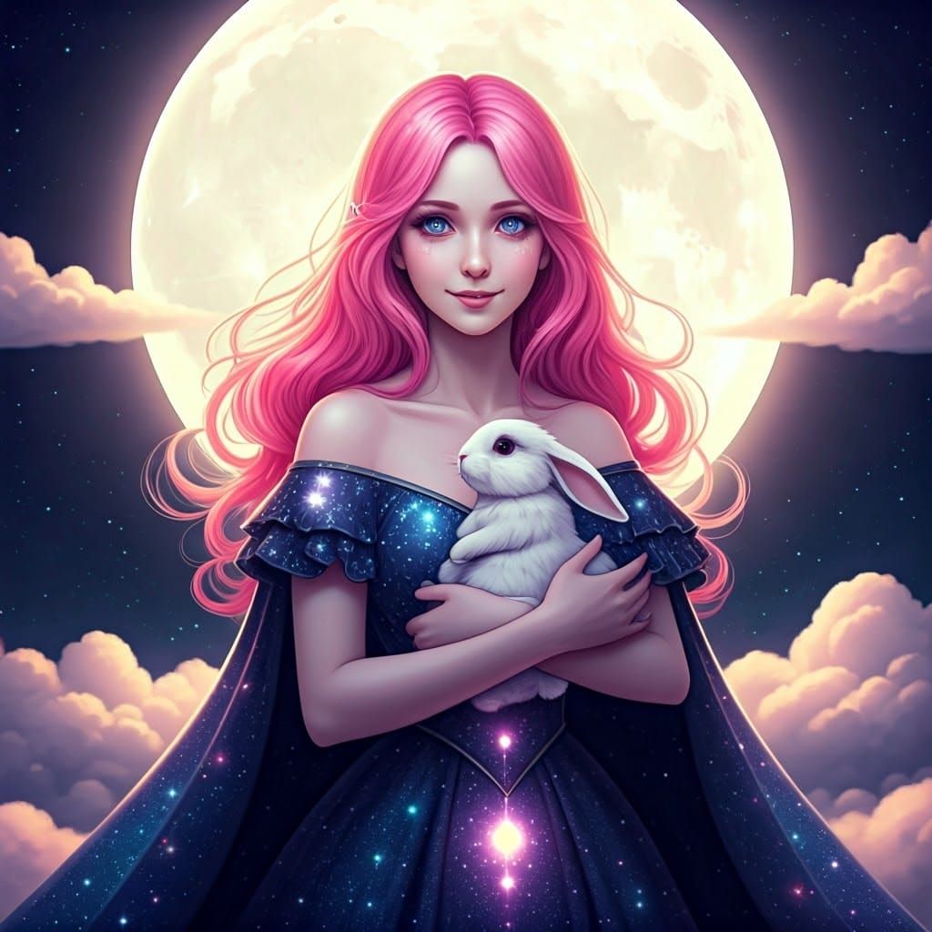 Moonlit Goddess with Rabbit in Elegant Black and White Line ...