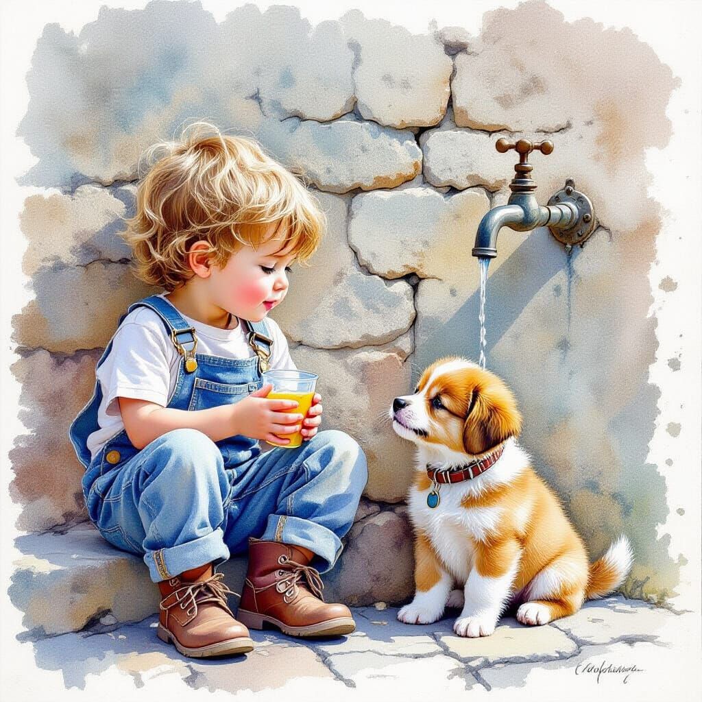 Boy and Puppy by Stone Wall in Pastel Tones