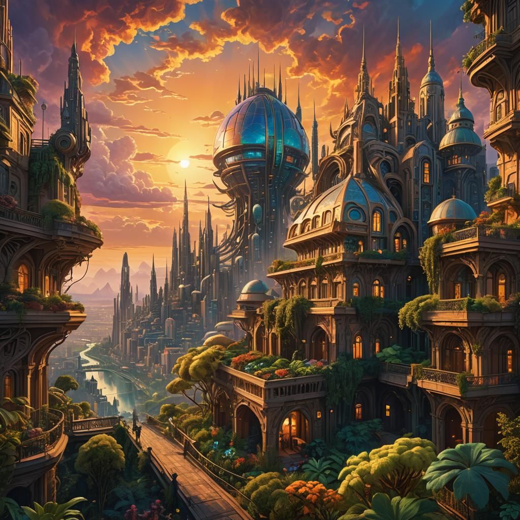 Mannerist Sci-Fi Cityscape at Sunset