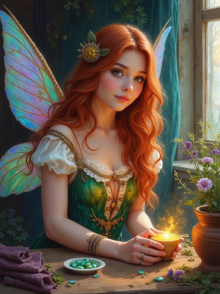 Enchanting Fairy Preparing Magic Potions in Cottage