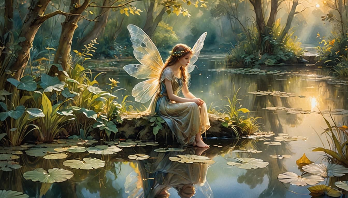 Ethereal Fairy Perched Over Pond: Watercolor Fantasy Art