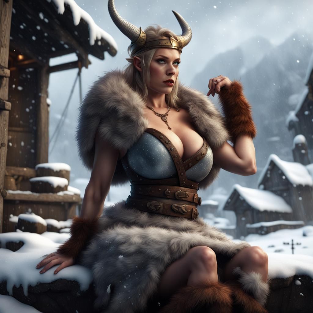 Viking Shield Maiden in Snow, Detailed Matte Painting