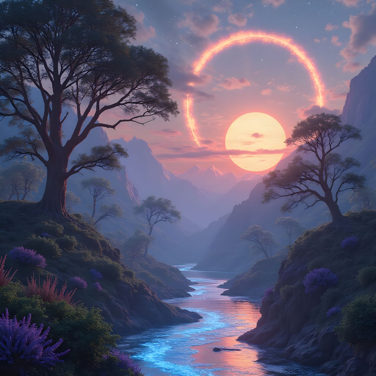 Surreal Cosmic Landscape with Twin Suns and Planetary Rings