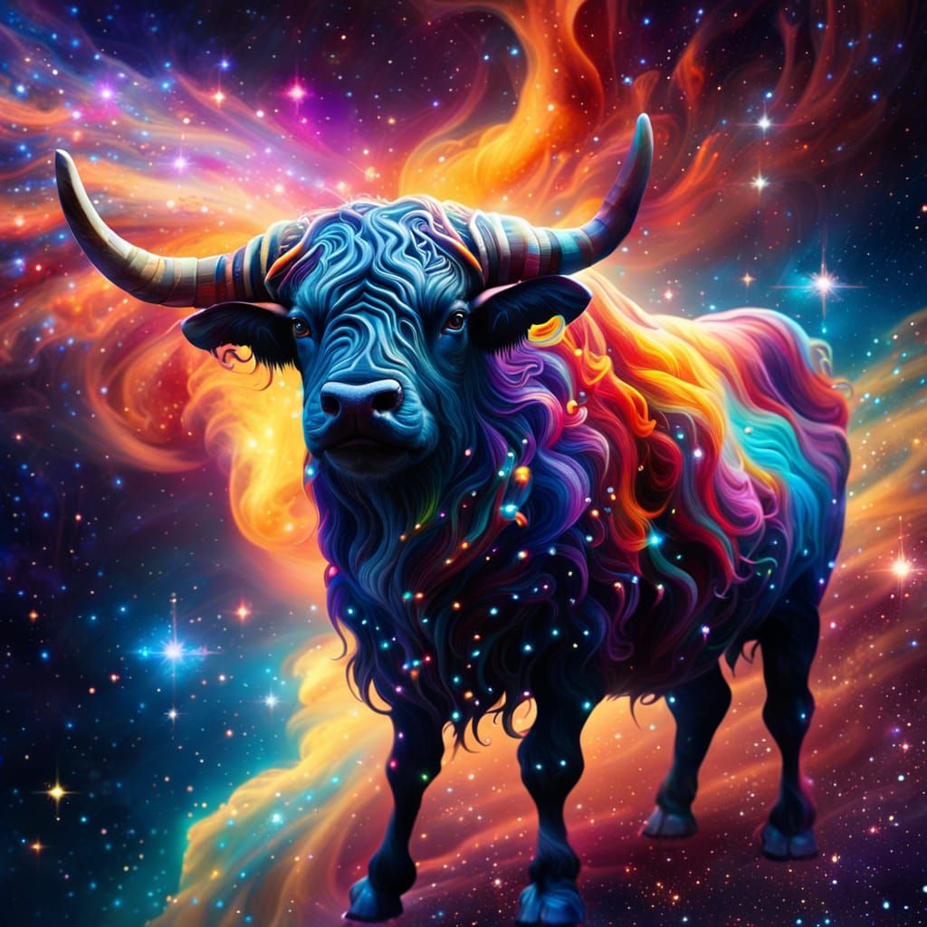 Shaggy Ox in Space with Galaxy Swirls