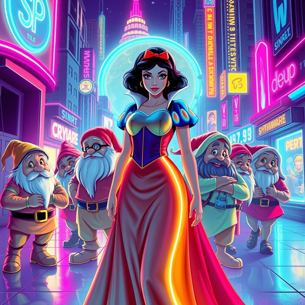 Snow White in Retro-Futuristic Synthwave Cityscape