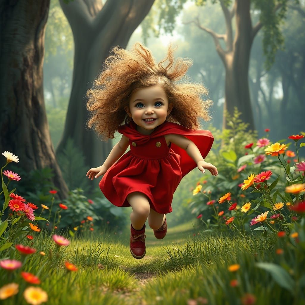 Whimsical Girl Runs in Enchanted Garden