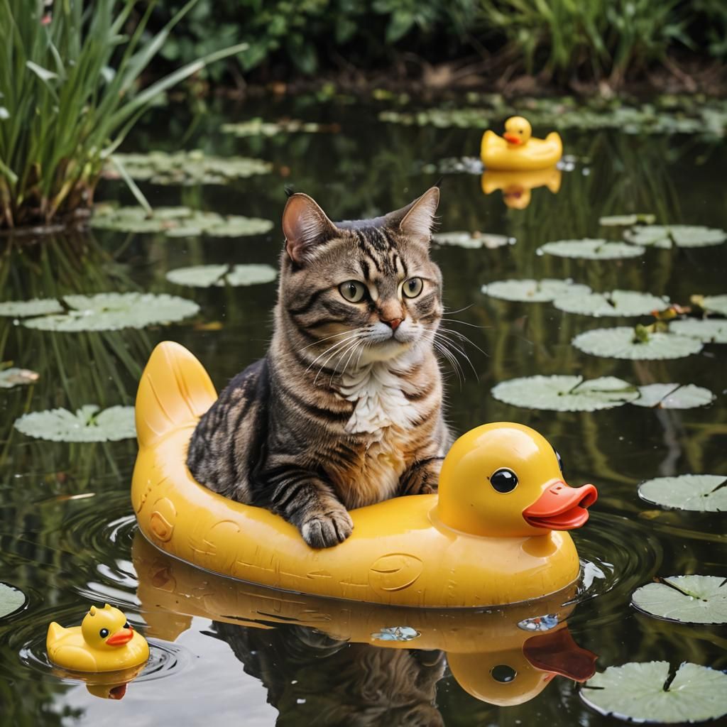 Surreal Cat Paddling in Rubber Duck Boat