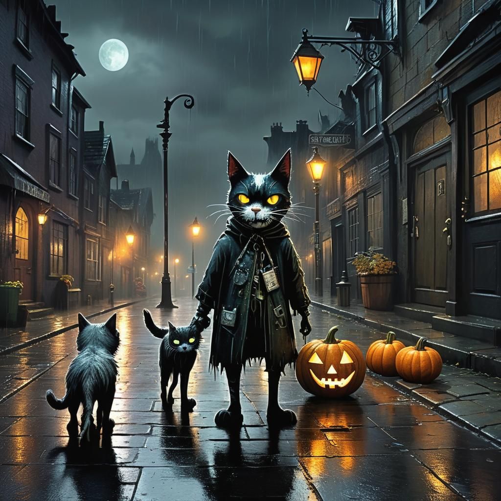 Cyborg Cat and Undead Dog in Haunted City