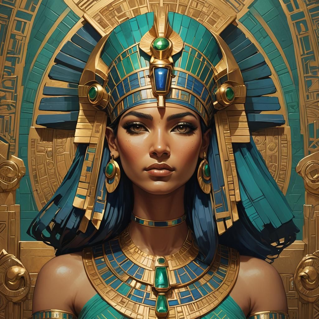 Cleopatra on Golden Throne: Egyptian Art, Detailed Headdress