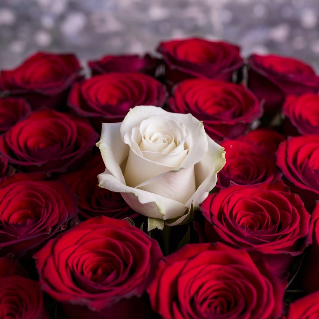 White Rose Among Red Roses Photograph