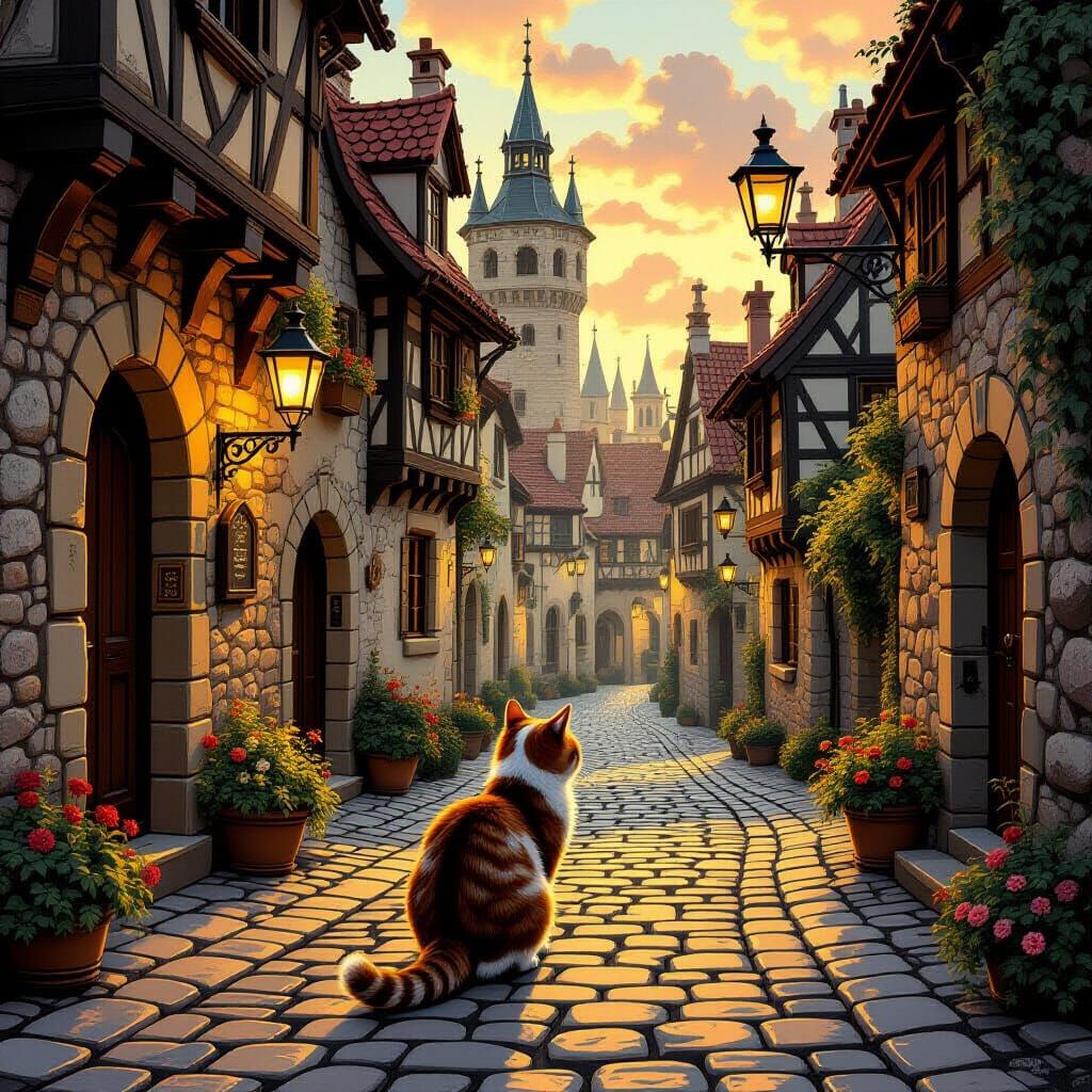 Whimsical Cat Explores Medieval Town: Realism and Fantasy