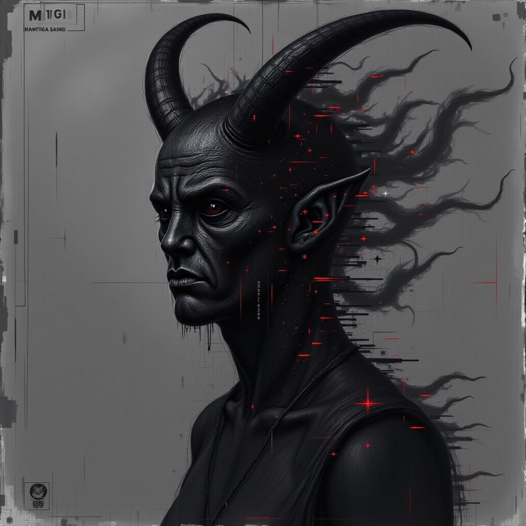 Double Exposure Devil in Vibrant Neon Hues