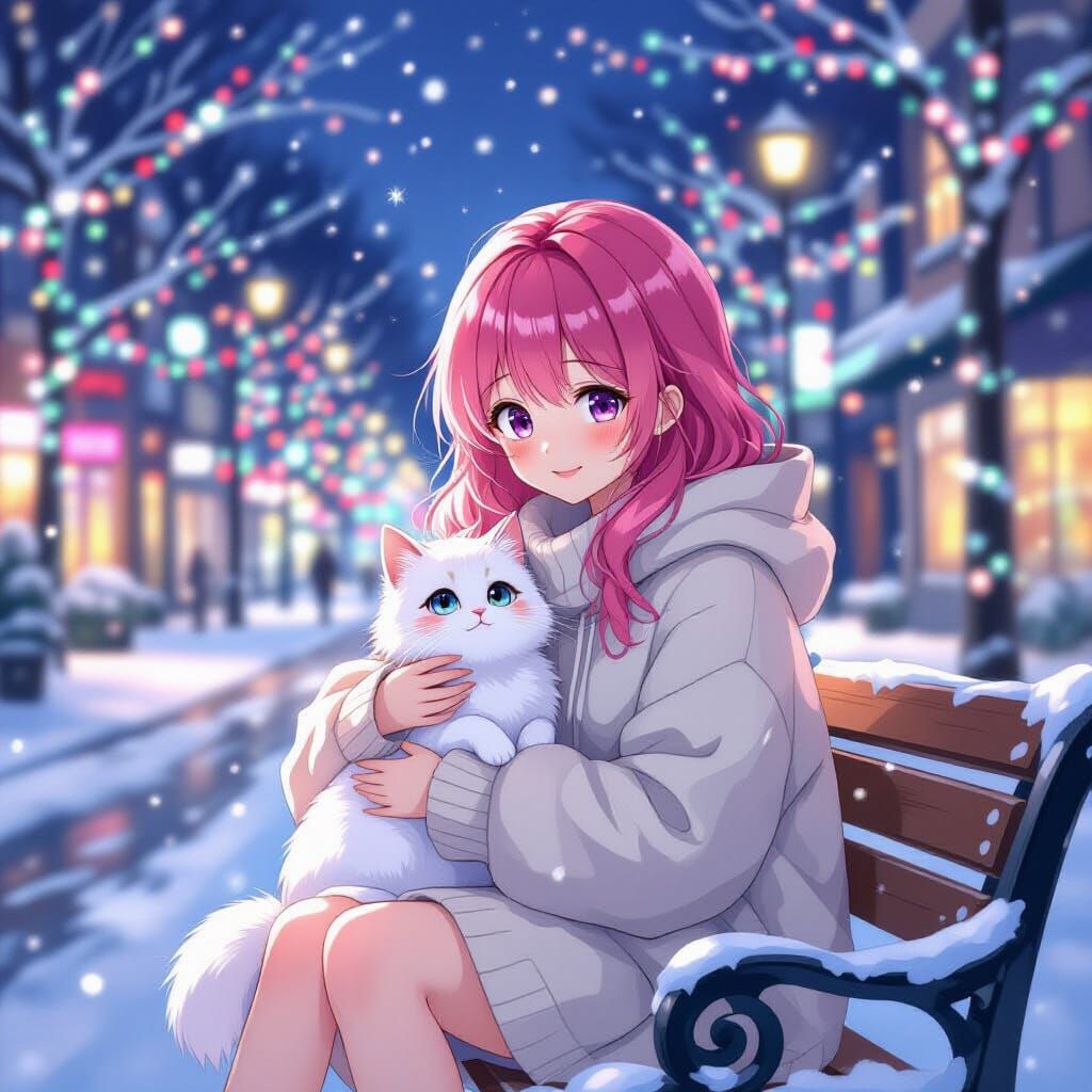 Anime Girl with Pink Hair and White Cat on Festive Winter Ni...