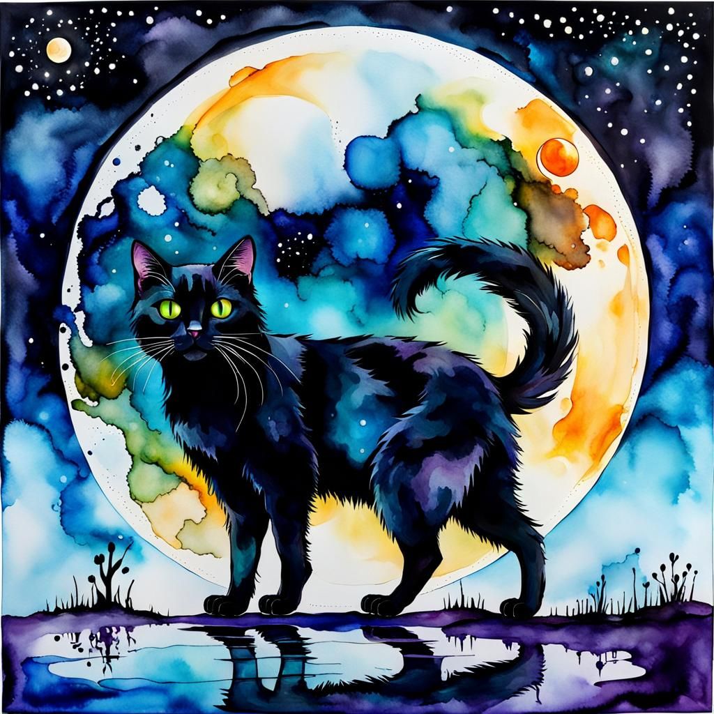 Black Cat Crossing Full Moon in Alcohol Ink