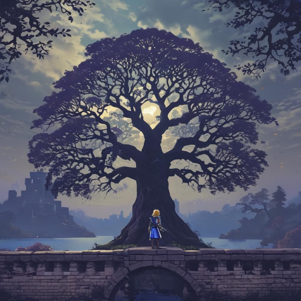 Link Silhouette with Deku Tree in Hyrulian Landscape